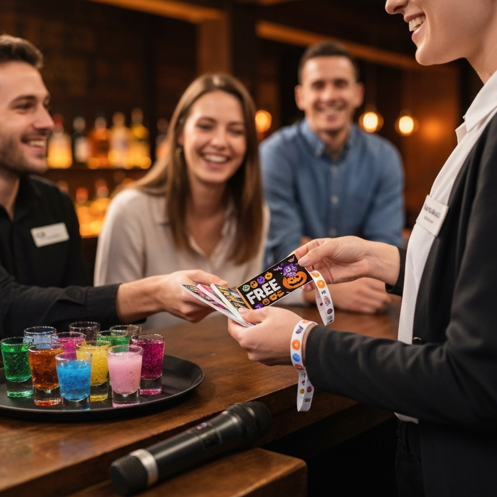 Wristbands, free gifts, and shots setting up the night on a pub crawl.