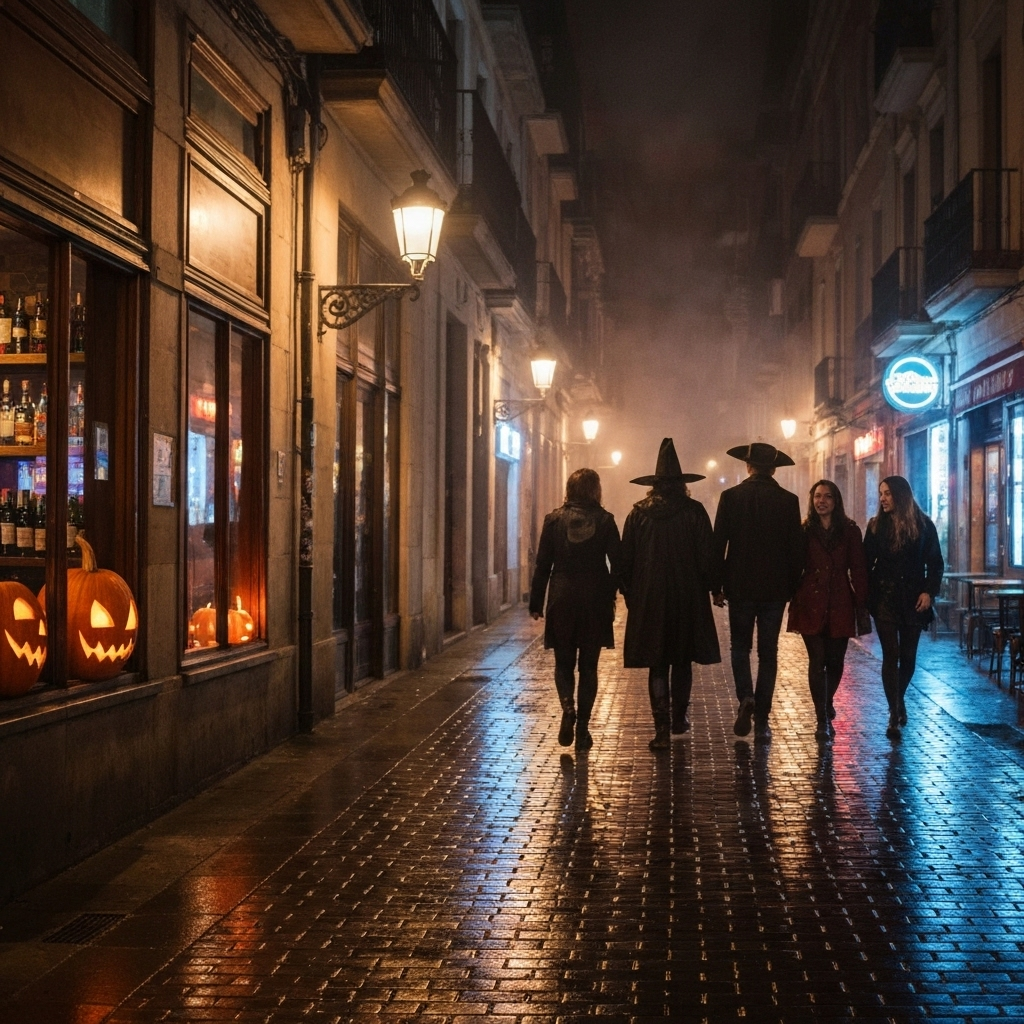 Halloween night street in Barcelona’s Gothic Quarter with costumed travelers bar hopping.