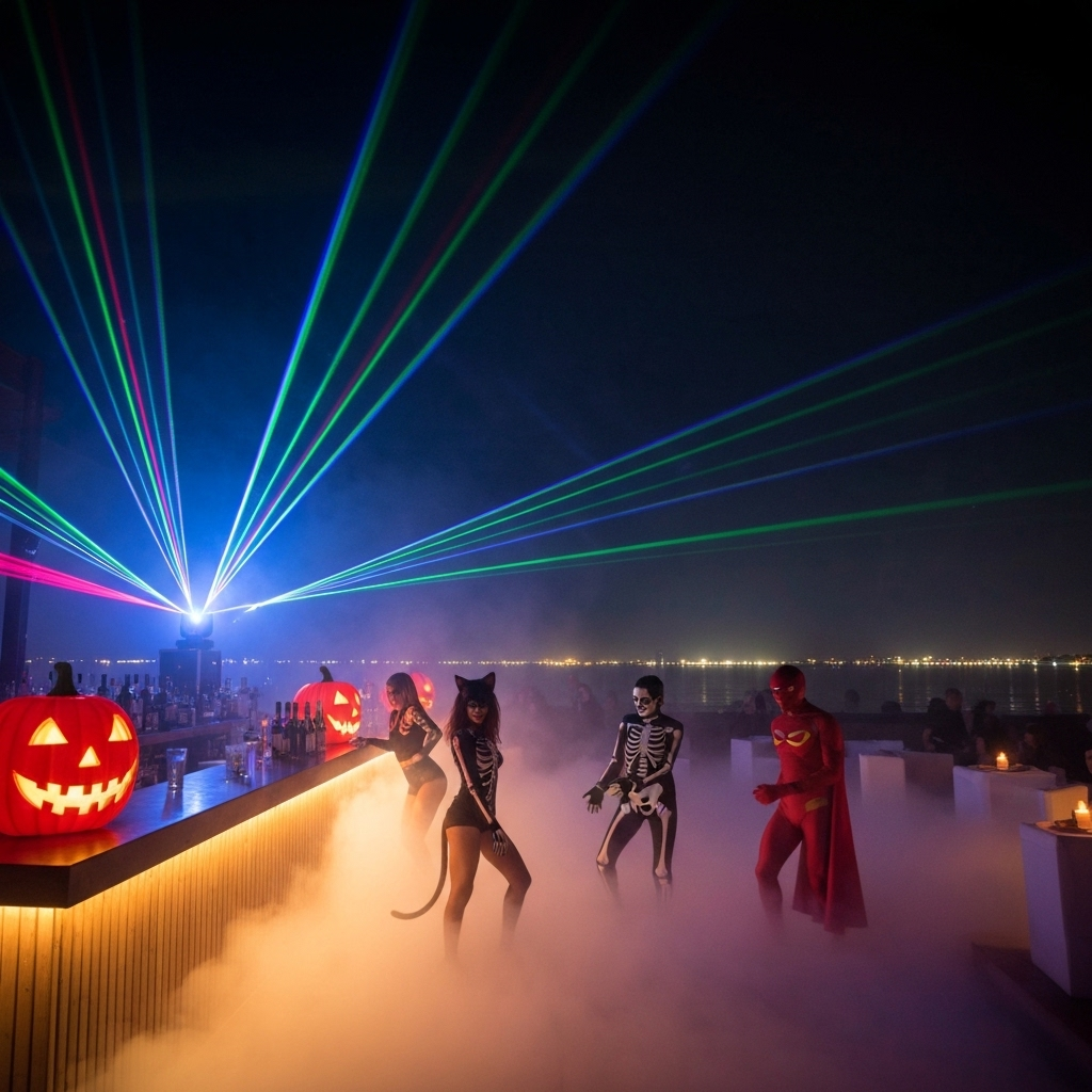Halloween lasers and costumed dancers at a Barcelona beach club.