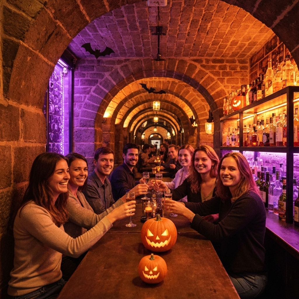 Cozy El Born bar with Halloween decor and travelers meeting over drinks.