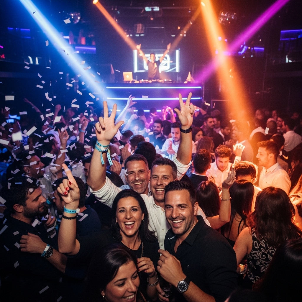 Dance floor in a Barcelona nightclub with lights and confetti