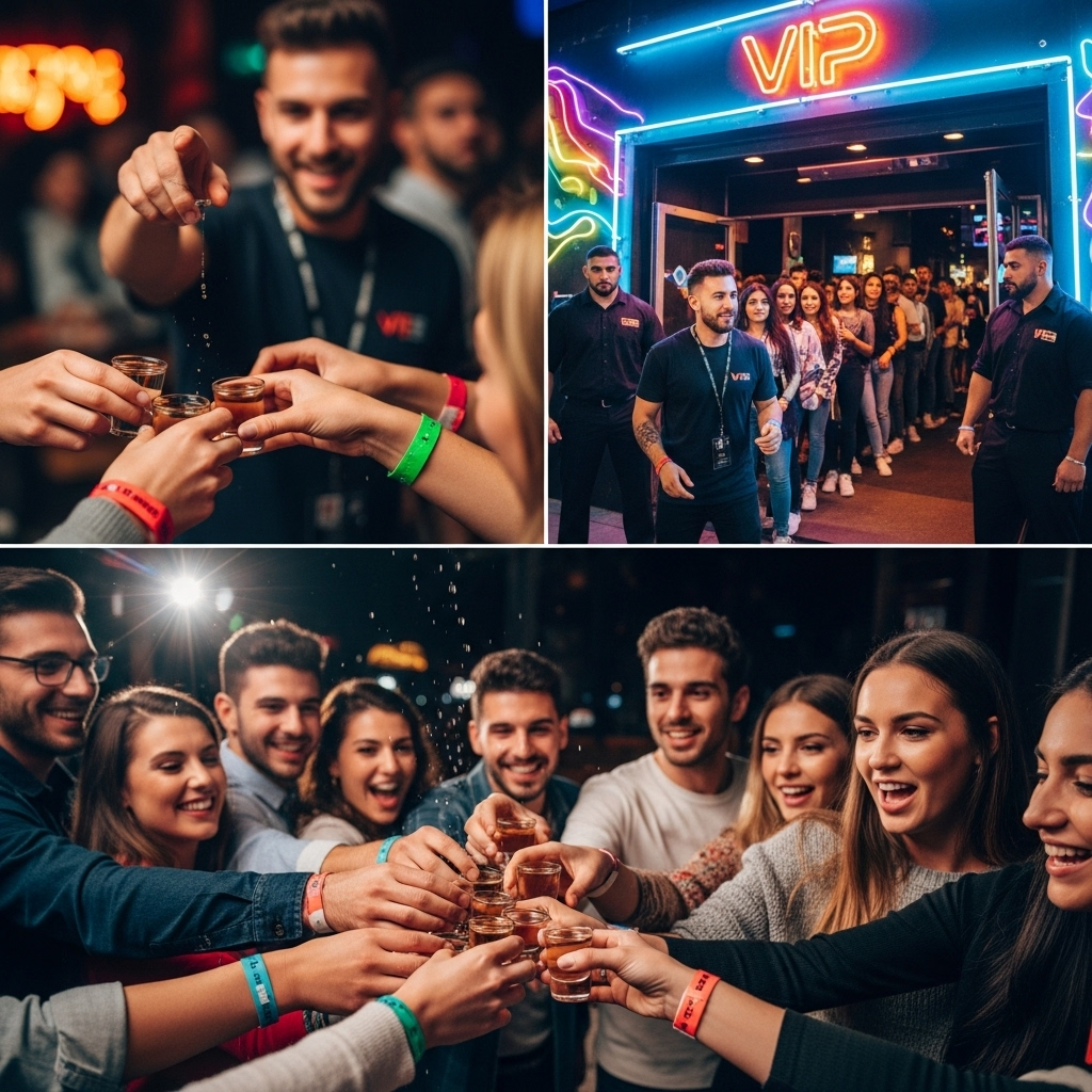 Travelers clinking shots during a pub crawl in Barcelona