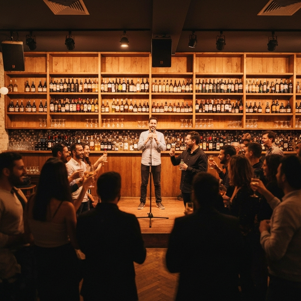Travelers playing drinking games and karaoke during a Barcelona pub crawl.