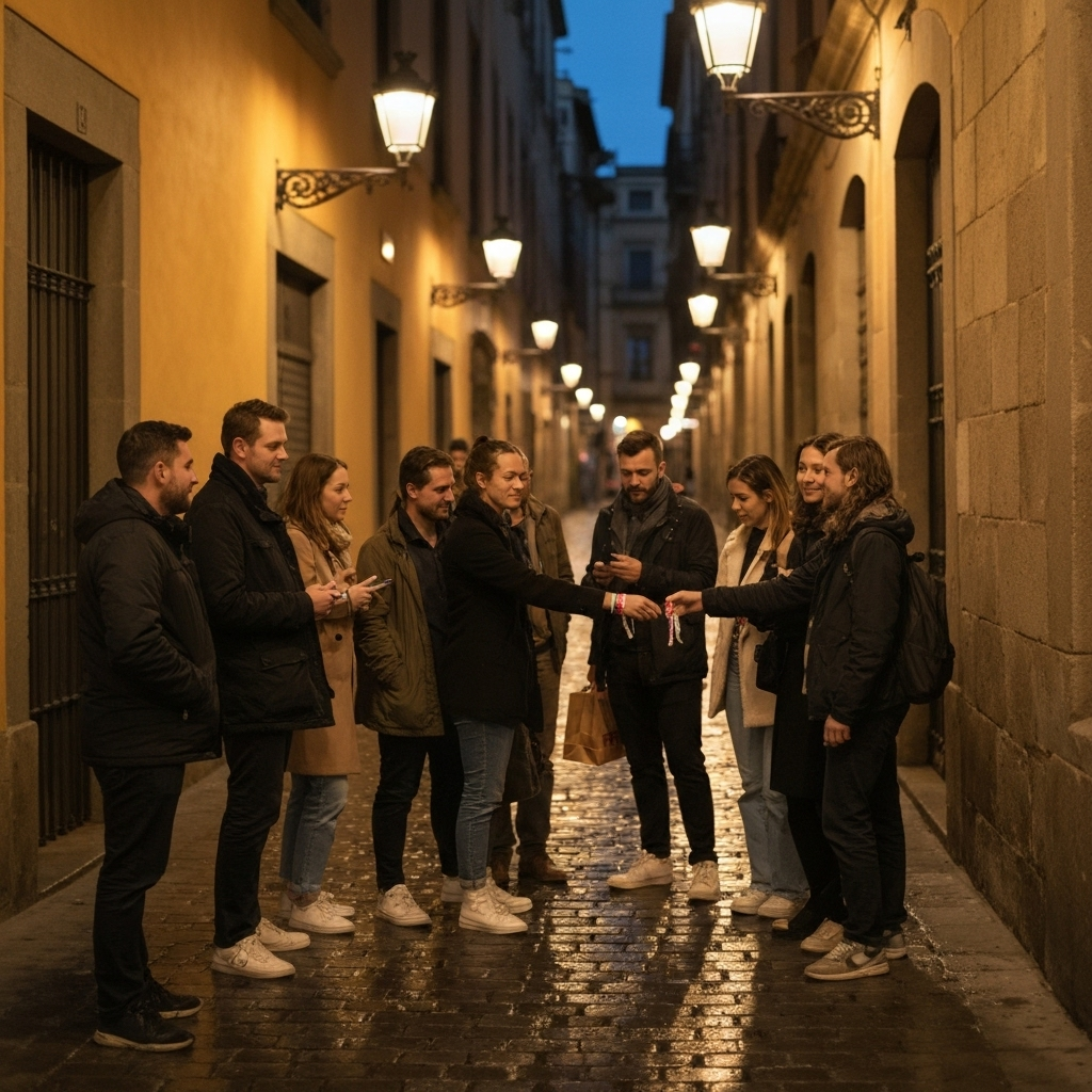 Group of travelers starting a pub crawl in Barcelona’s Gothic Quarter.