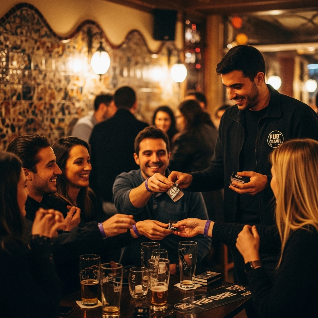 Warm-up games and wristband check-in at a Barcelona pub crawl meeting point