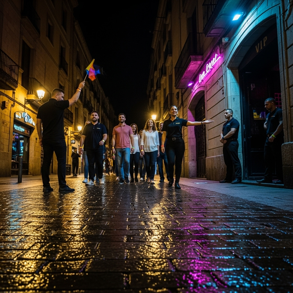 Group walking between bars in Barcelonas Gothic Quarter during a pub crawl