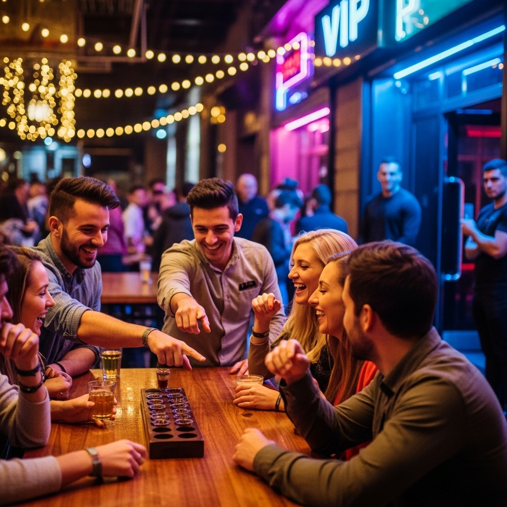 Drinking games and icebreakers inside a Barcelona bar during a crawl