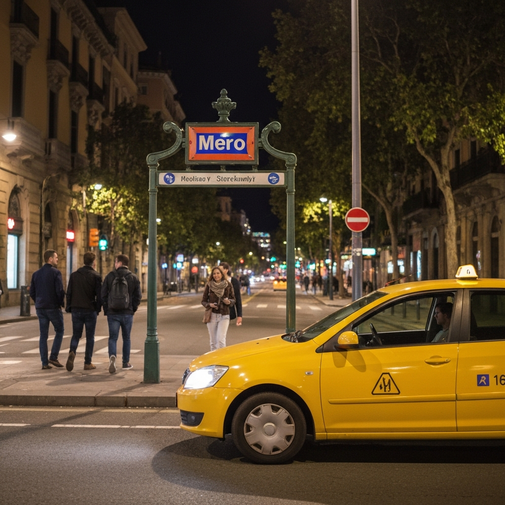 Barcelona metro sign and taxi at night with groups heading out.