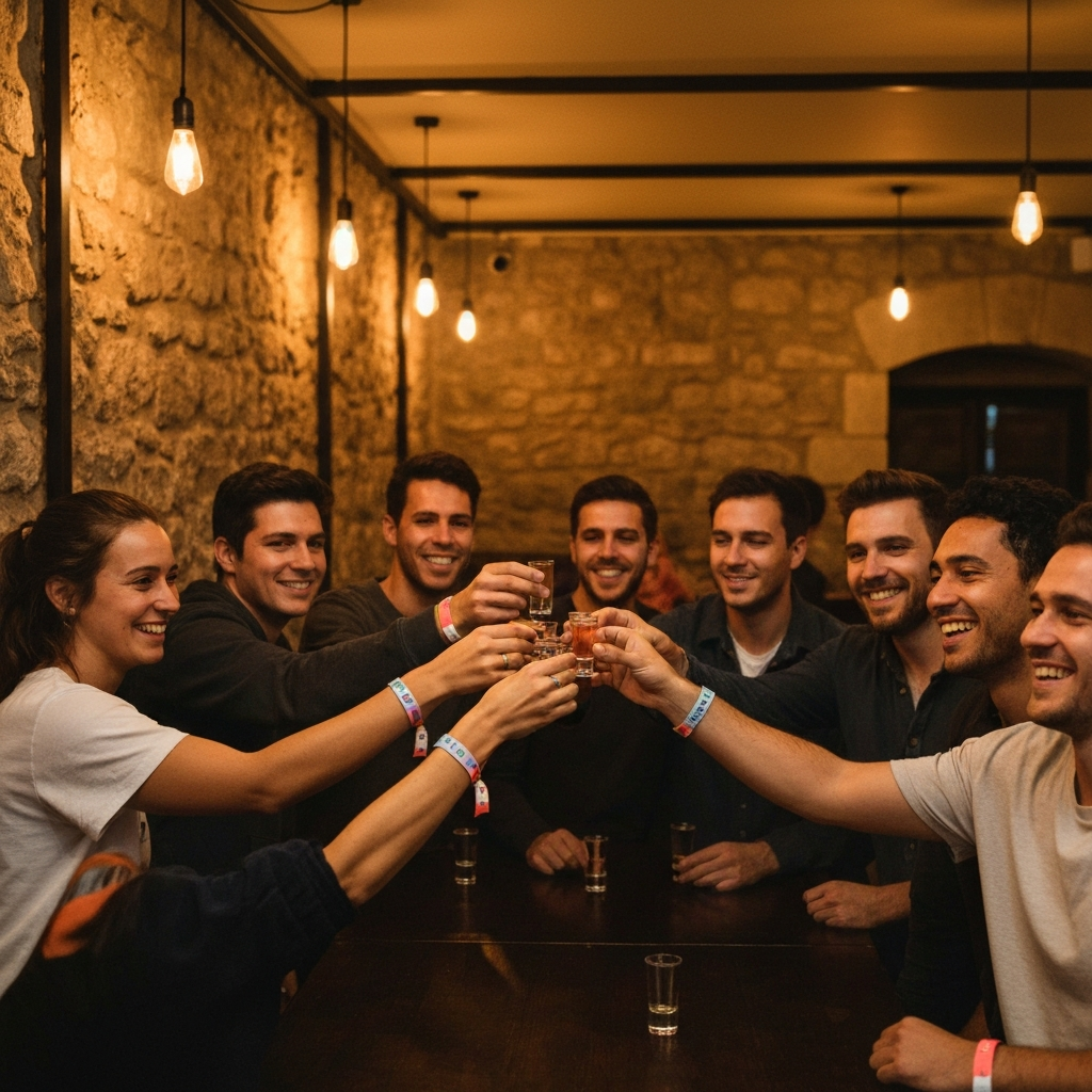 Backpackers toasting in a cozy Barcelona bar during a pub crawl.
