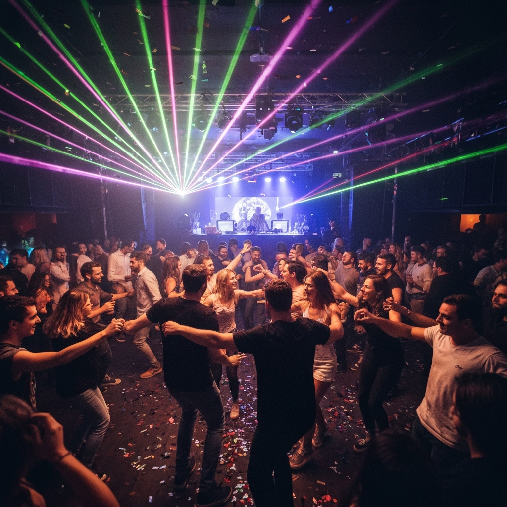 Travelers dancing under lasers at a Barcelona nightclub.