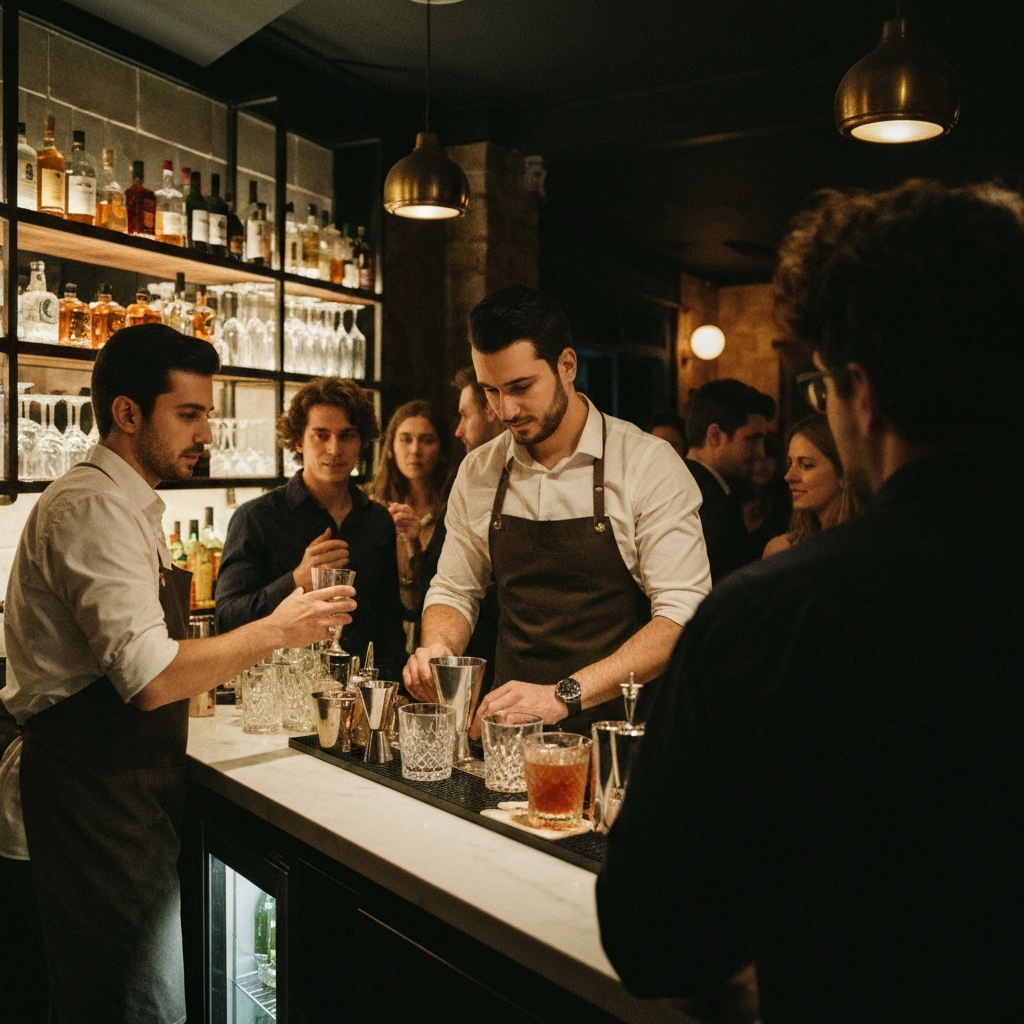 Moody cocktail bar in El Born with travelers and locals mixing over craft drinks.