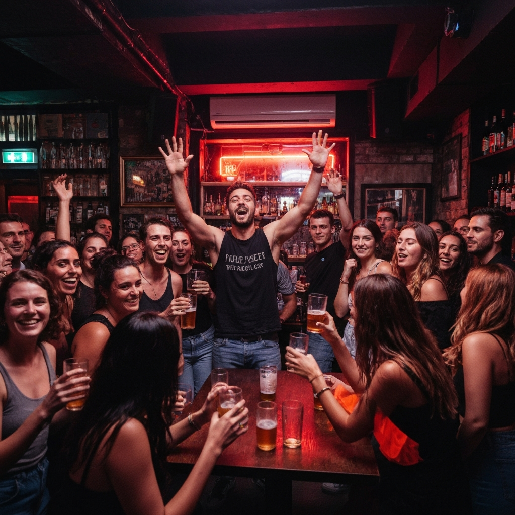 Pub crawl group in Barcelona playing games and singing karaoke with a host.