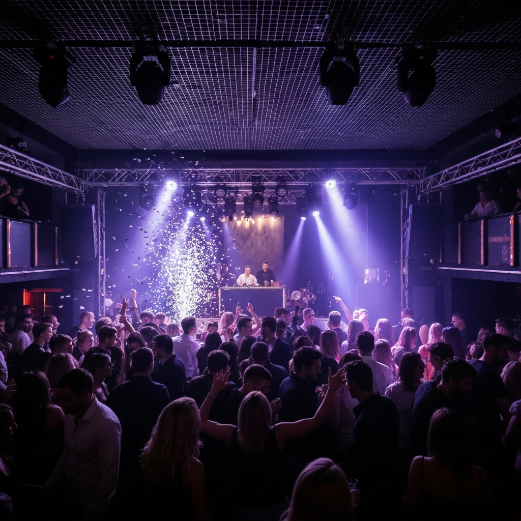 Barcelona nightclub with DJ and dancers celebrating under LED lights.