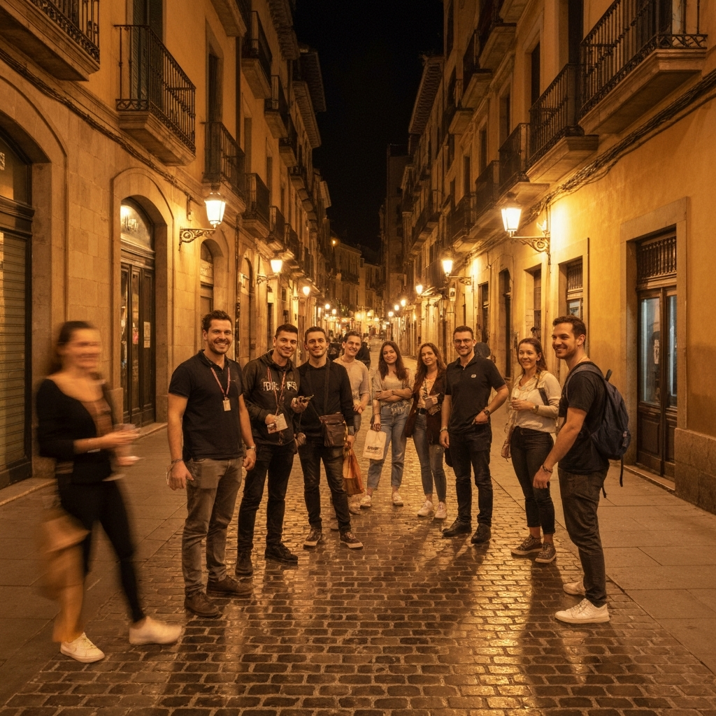 Travelers meeting at 22:30 in the Gothic Quarter for a Barcelona pub crawl, receiving wristbands and gifts.