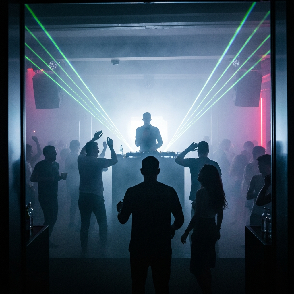 Dancers at a Barcelona beach club near Port Olímpic with lasers and sea reflections.