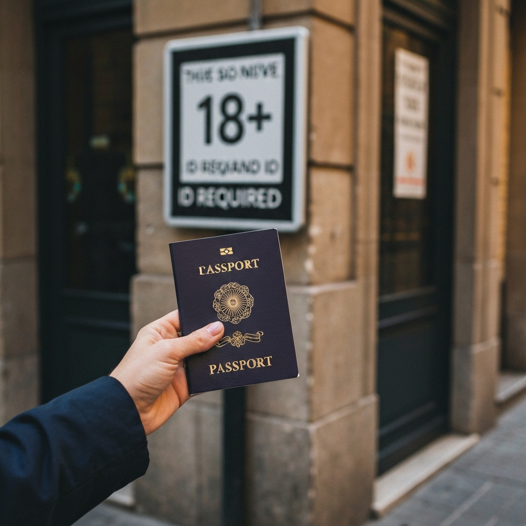 Passport and smart-casual dress shown outside a Barcelona bar, highlighting 18+ and ID rules.