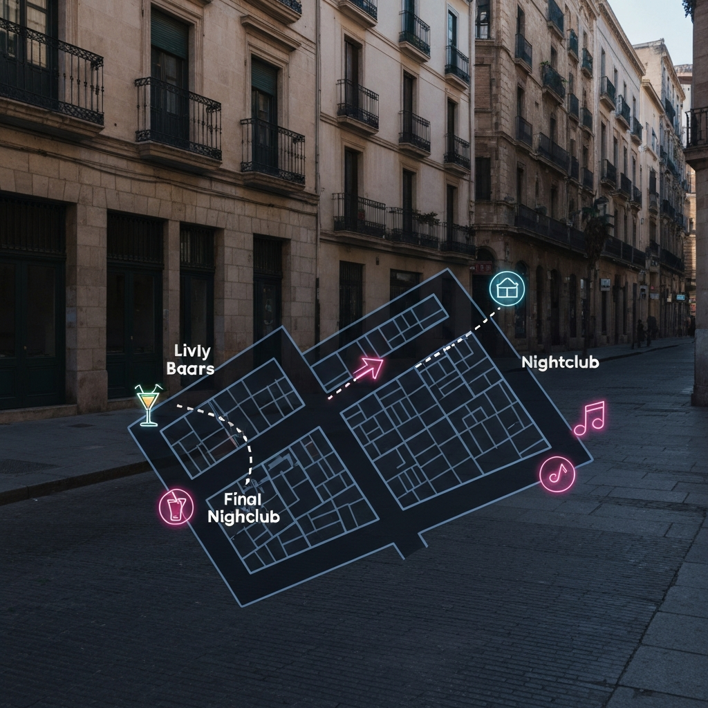 Simple route graphic showing 3 bars and 1 club in Barcelona.