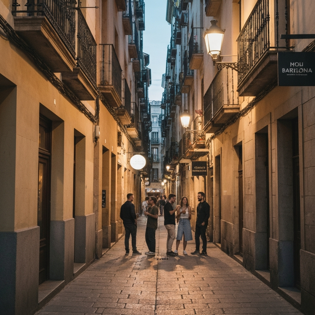 El Born street at night with groups bar hopping under warm lights in Barcelona.