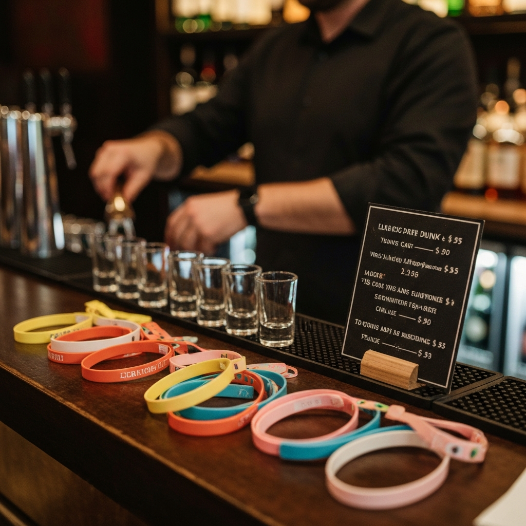 Wristbands, free shots, and drink deal board displayed at a Barcelona bar.