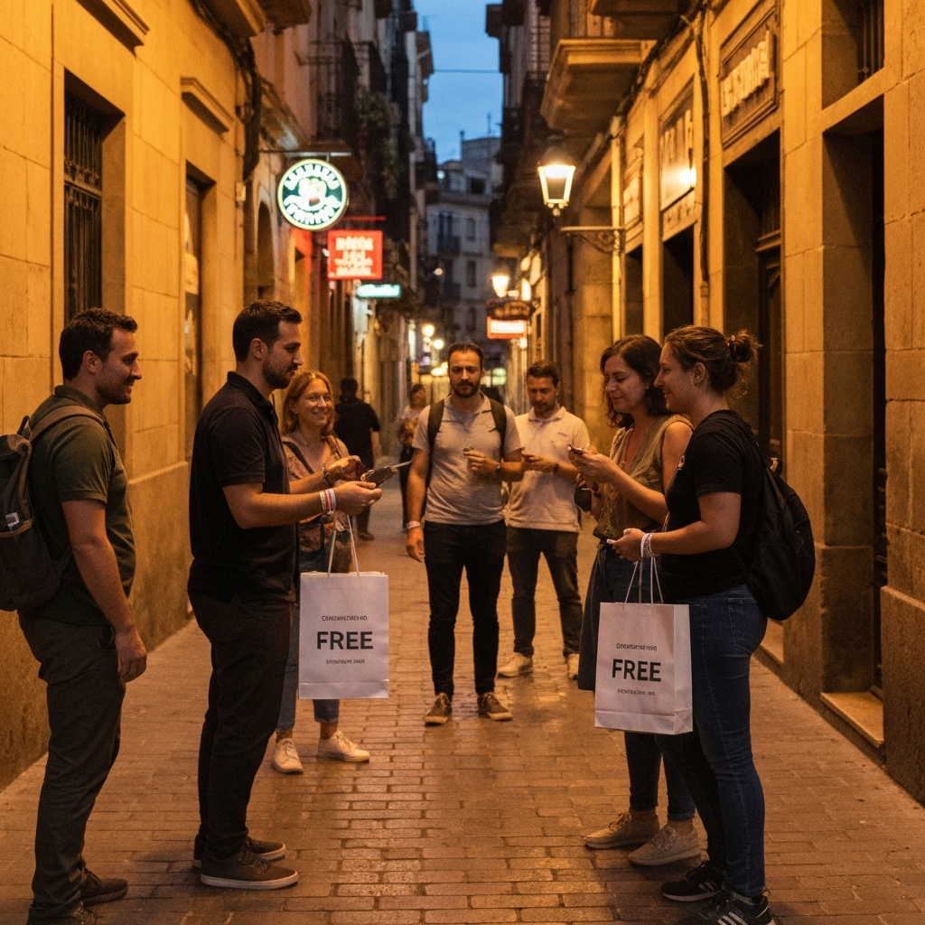 Travelers meeting at 22:30 for the Barcelona Pub Crawl in the Gothic Quarter.