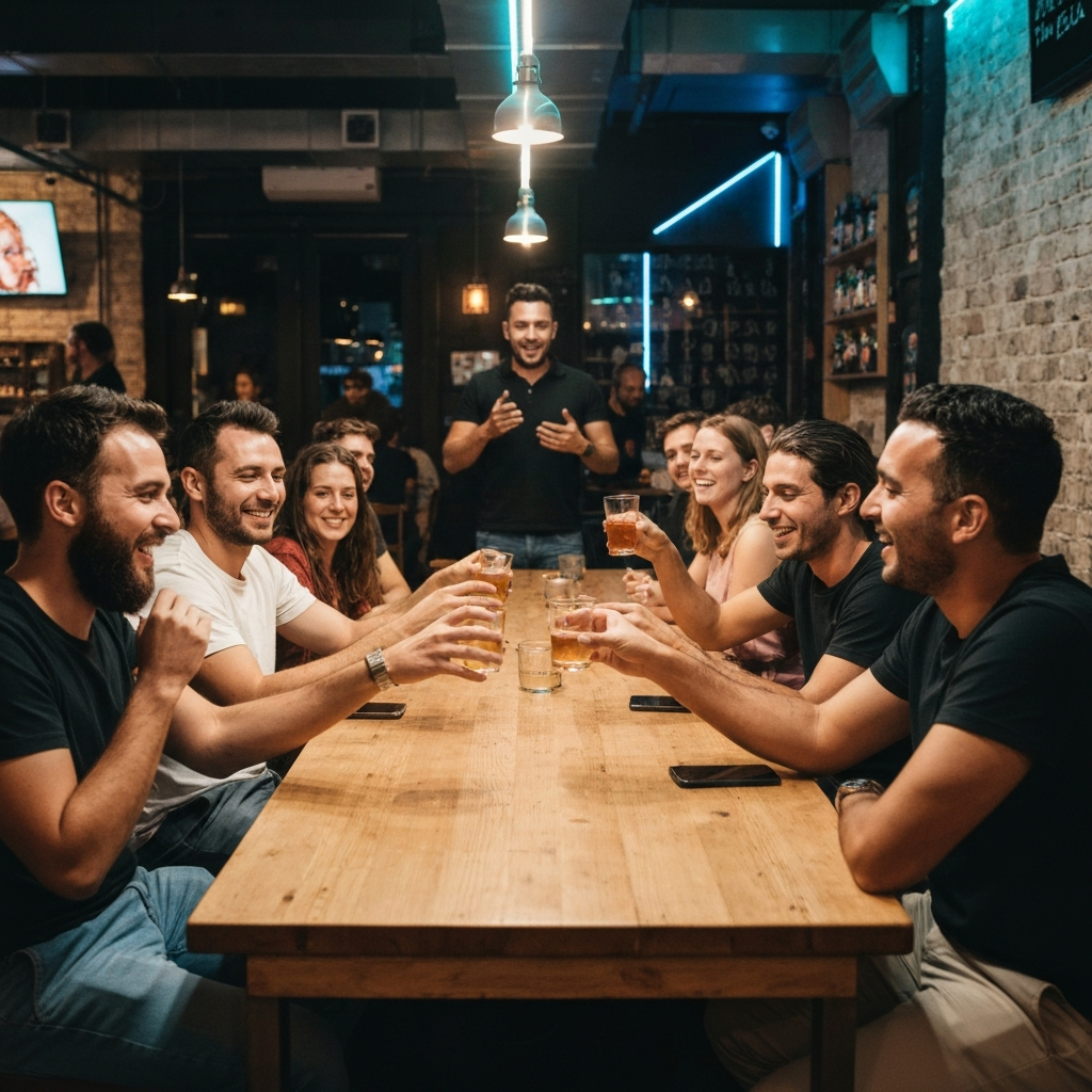 Travelers playing icebreaker games during a Barcelona Pub Crawl.