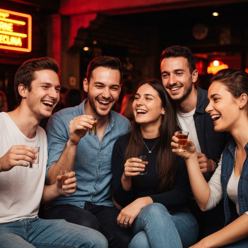 Group of travelers toasting during a Barcelona pub crawl