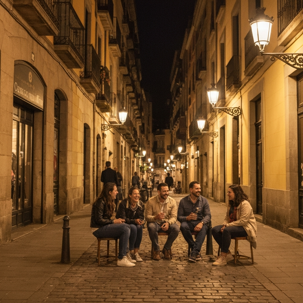 Warm, lively bar street in El Born, Barcelona at night