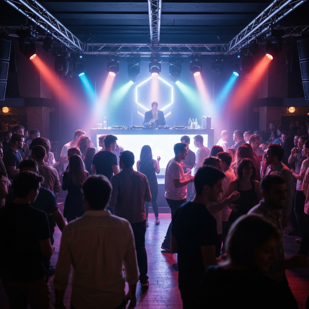 Barcelona club dance floor with colorful lights and a DJ