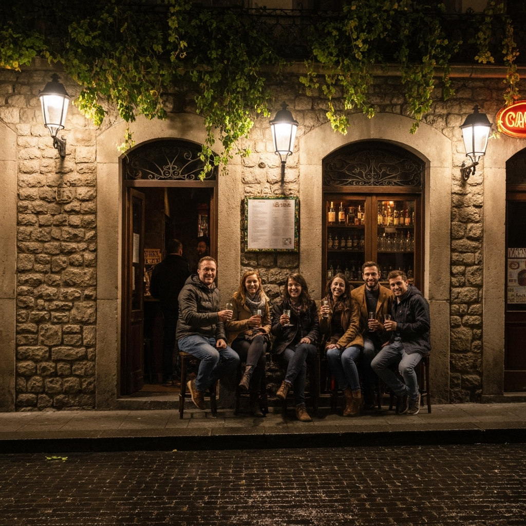 Friends starting a bar hop in Barcelona’s Gothic Quarter under warm streetlights.