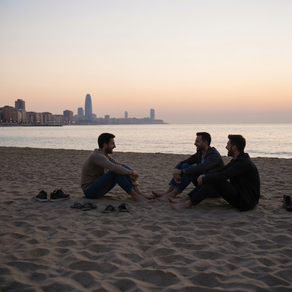 Friends winding down at Barceloneta beach as the sun rises after a big night.