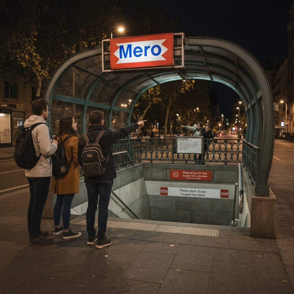 Travelers with a guide heading to the metro after a night out in Barcelona.