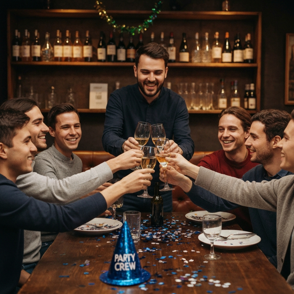 Group of travelers toasting with a pub crawl host in a Barcelona bar on NYE