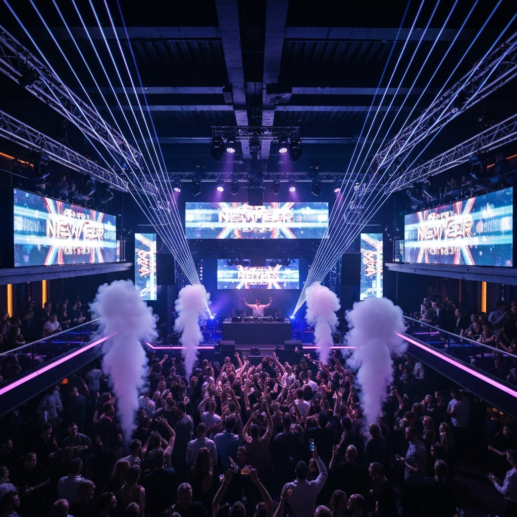 Inside a multi-room Barcelona club on NYE with lasers and confetti