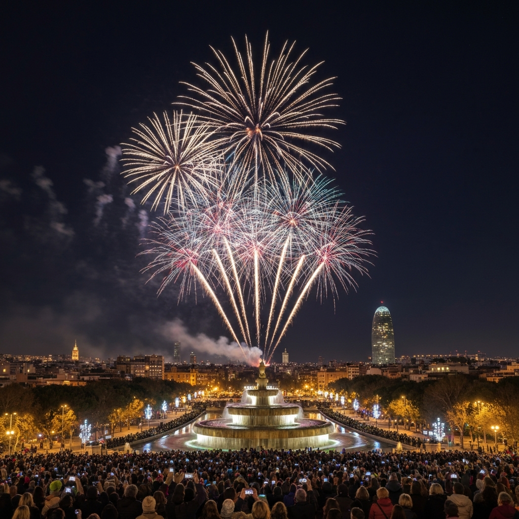 Fireworks over Montjuic at midnight as crowds celebrate New Year’s Eve in Barcelona