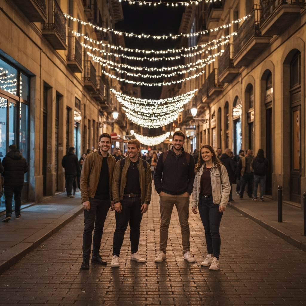 Group of travelers bar hopping in Barcelona’s Gothic Quarter during spring break