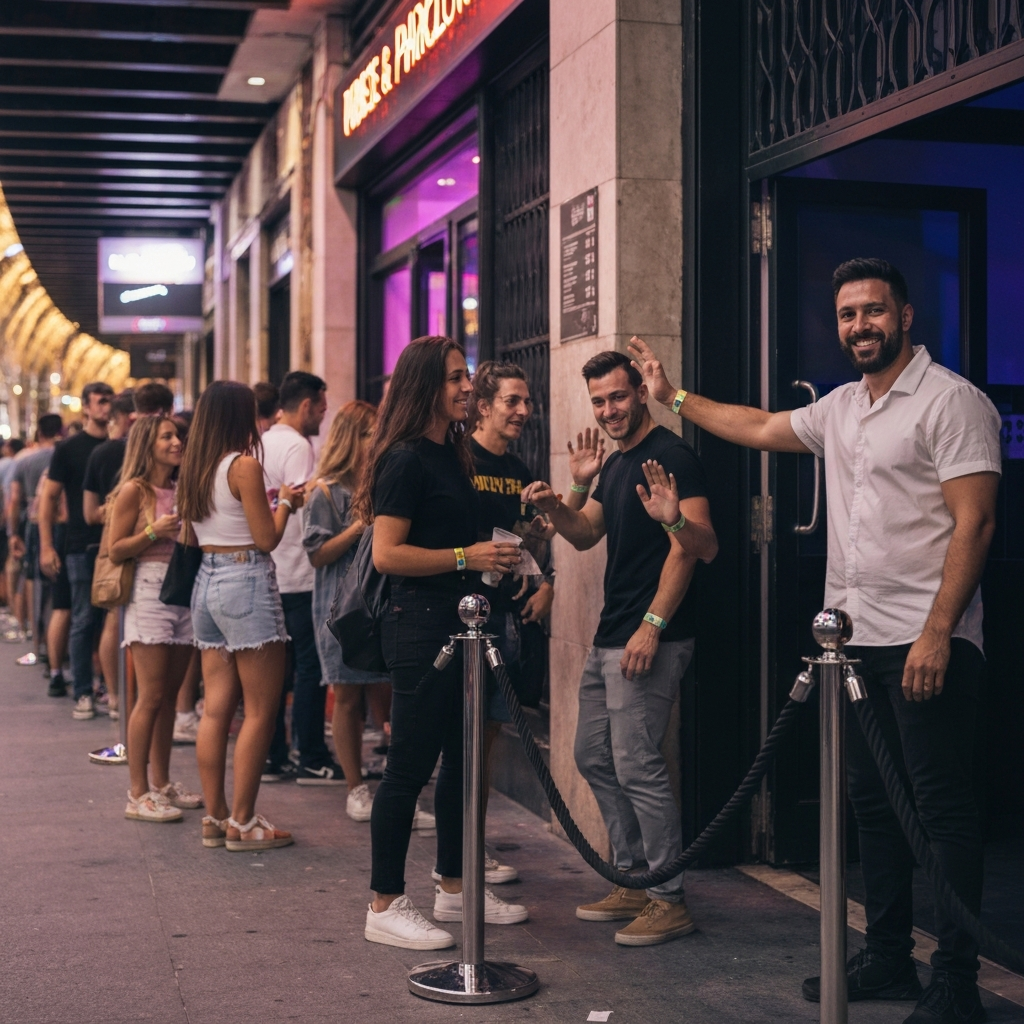 Pub crawl group using VIP skip-the-line entry at a Barcelona nightclub.