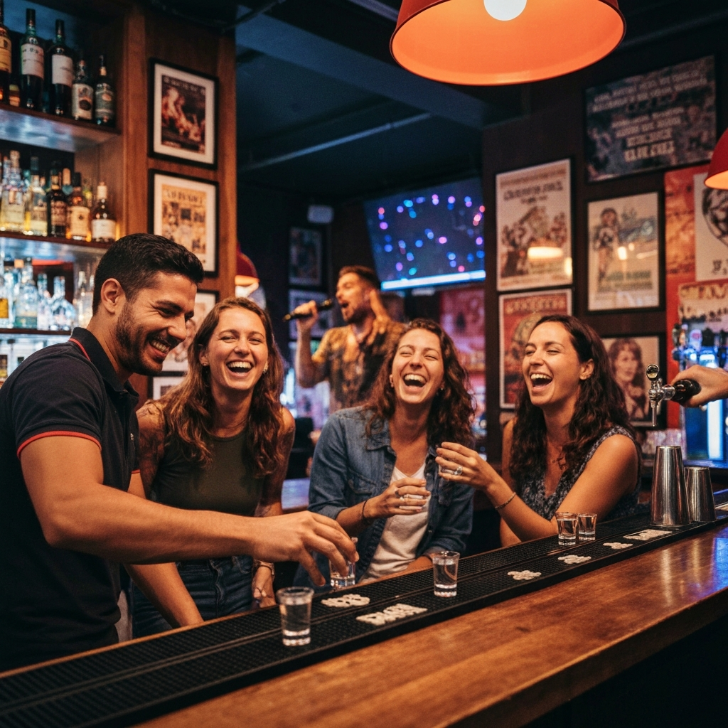 Travelers play icebreaker games and karaoke during a pub crawl stop in Barcelona.