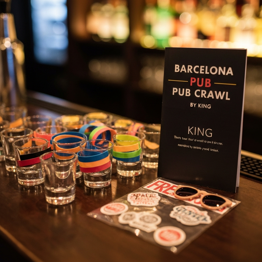 Free shots, wristbands, and small gifts laid out at the first bar of a Barcelona pub crawl.