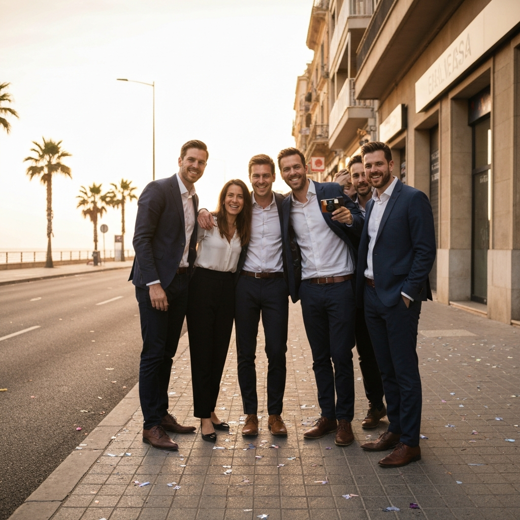 Smiling stag group posing outside a club at dawn after a big night out.