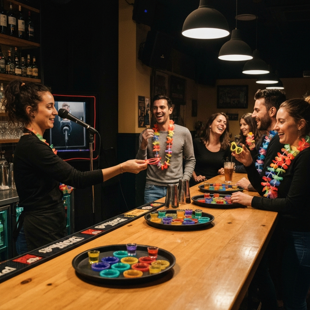 Inside a busy Barcelona bar with shots, karaoke corner, and guests playing party games.