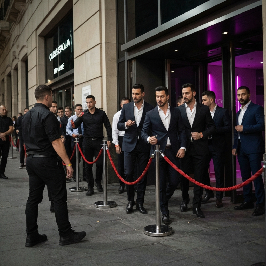 Group with wristbands skipping the line at a Barcelona club entrance.