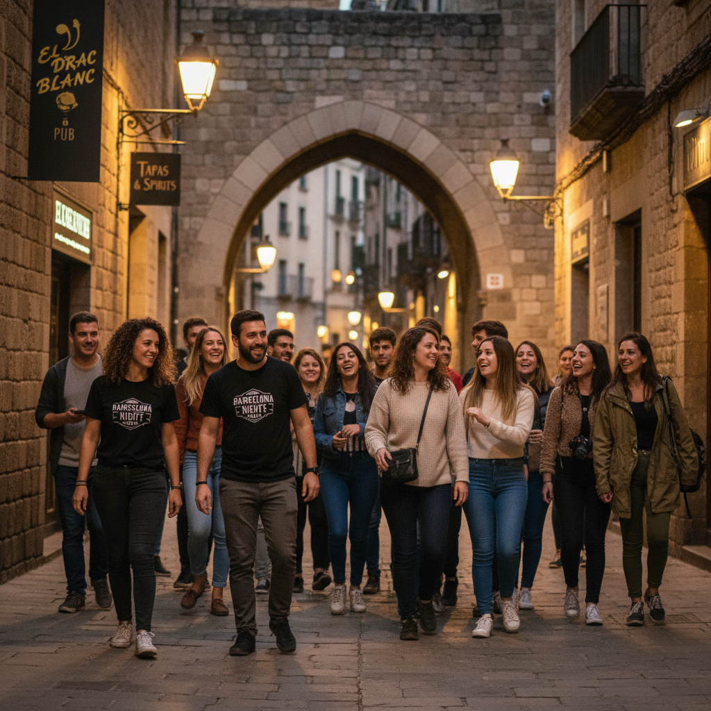 Pub crawl hosts guiding travelers through the Gothic Quarter on New Year’s Eve.