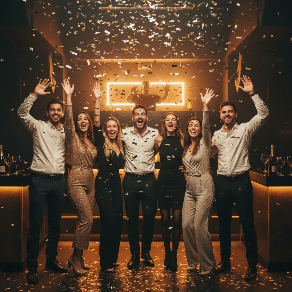 Traveler group celebrating the NYE countdown with confetti inside a Barcelona nightclub.
