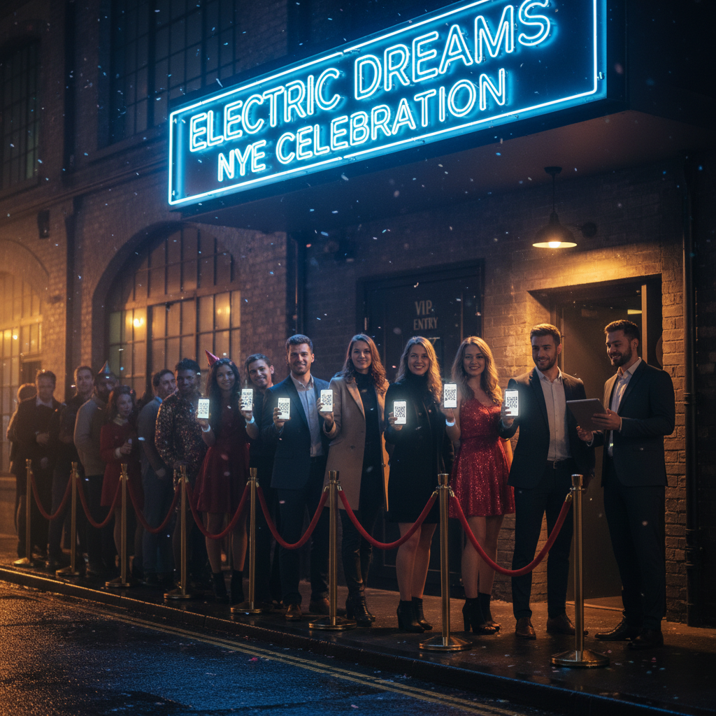 Pub crawl group using VIP skip-the-line entry while others wait in the NYE queue.