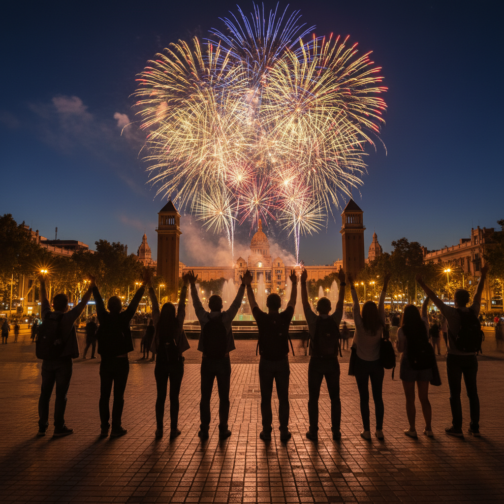 Fireworks over Barcelona as travelers cheer at midnight on New Year’s Eve.