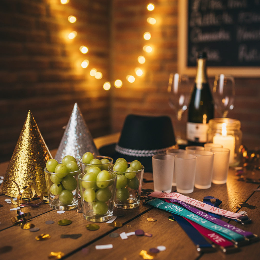 Free shots, party gifts, and the 12 grapes tradition set up on a bar table.