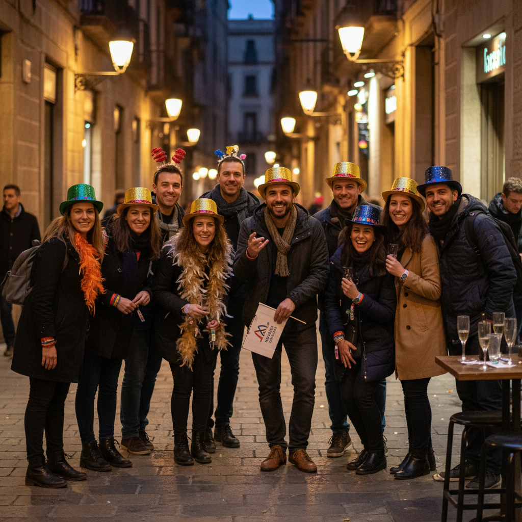 Countdown confetti moment inside a Barcelona club on NYE