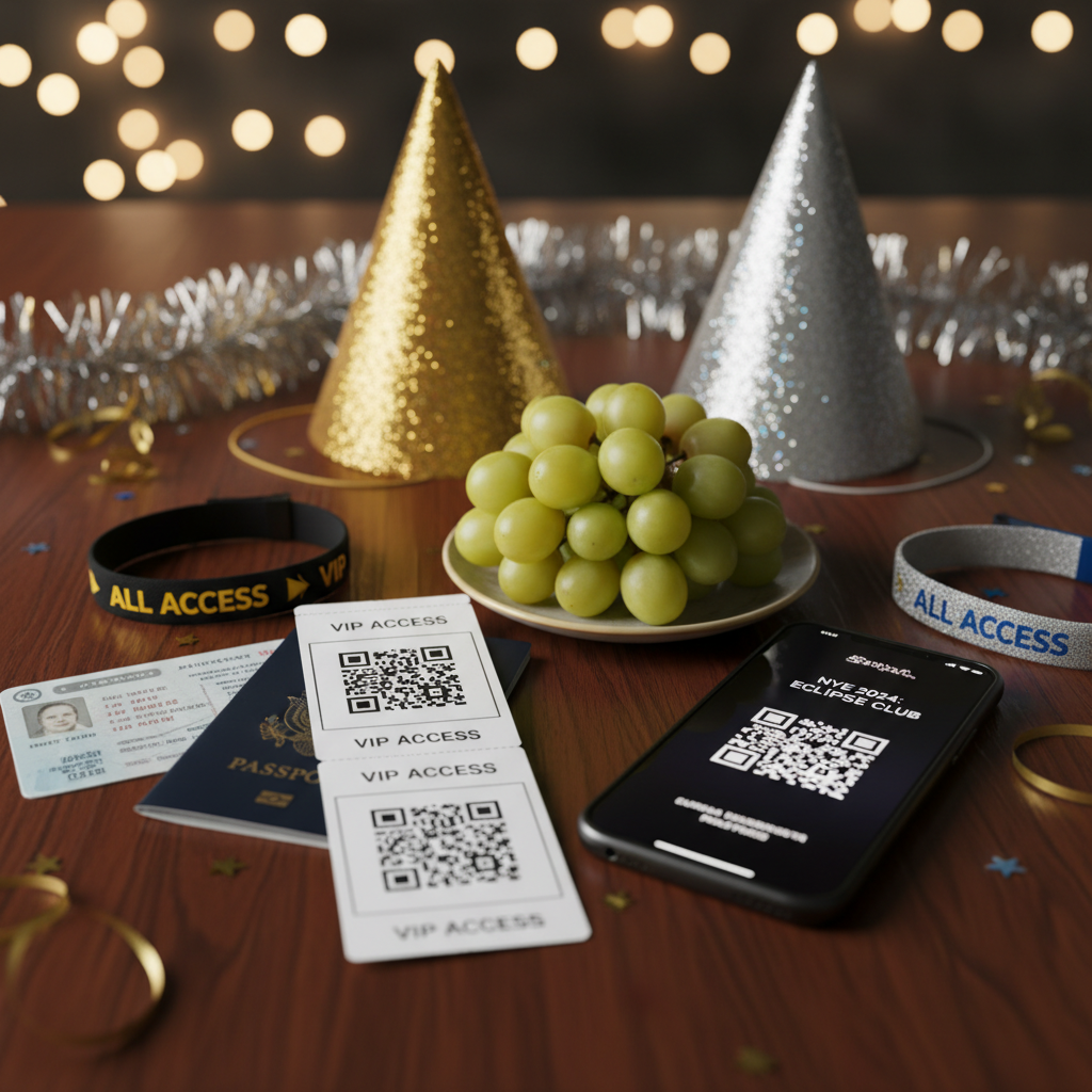 NYE club tickets, VIP wristbands, ID, and 12 grapes on a table