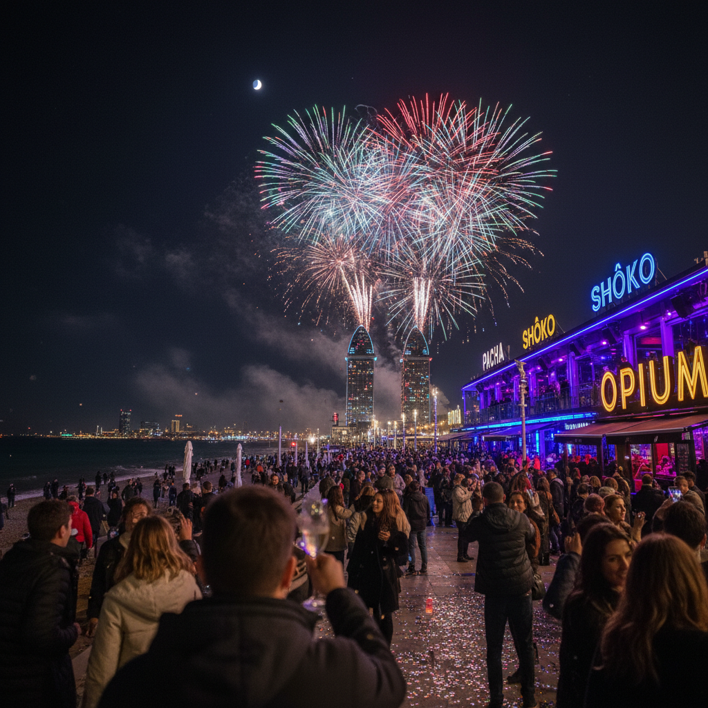 Fireworks over Barcelona’s beachfront clubs at Port Olímpic on New Year’s Eve