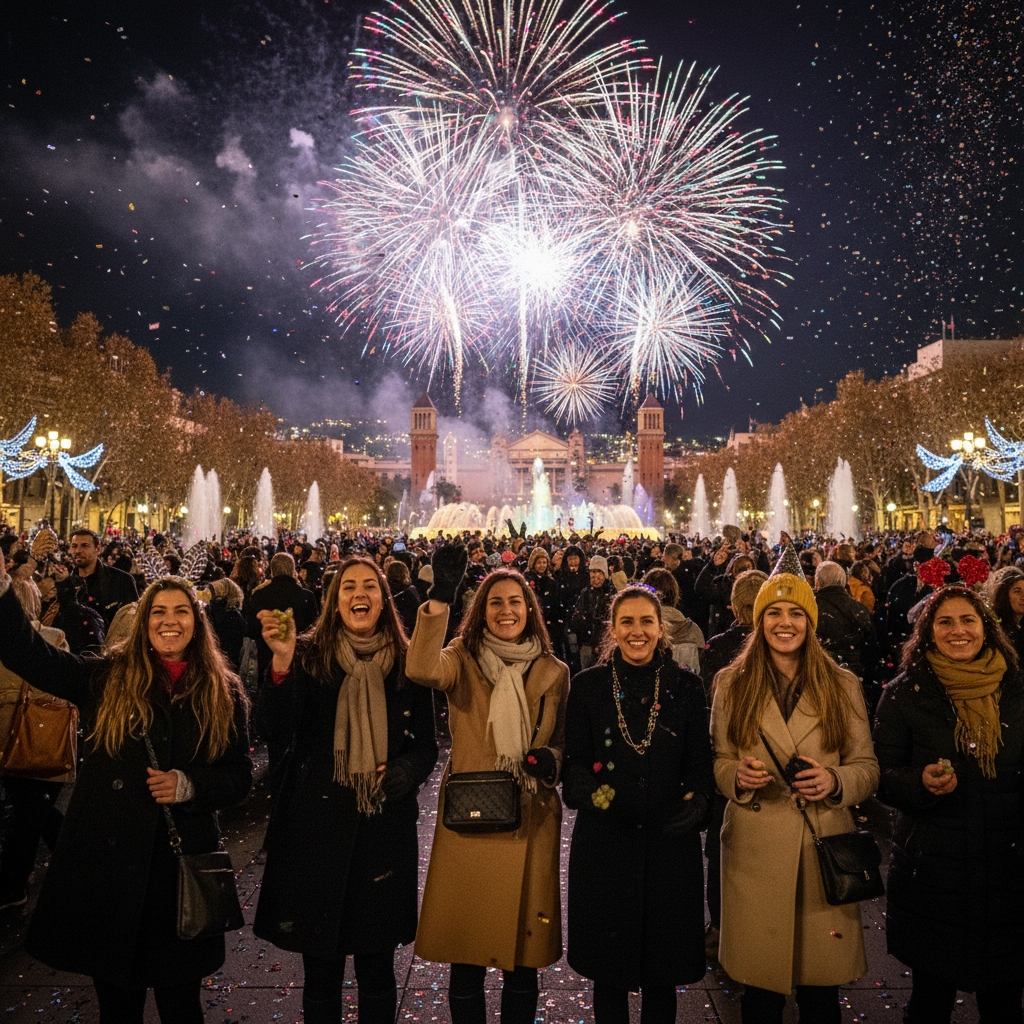 Stylish travelers celebrating New Year’s Eve on a Barcelona rooftop with fireworks over the skyline